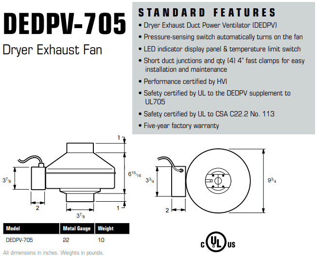 Fantech DBF 110 Dryer Booster Fan