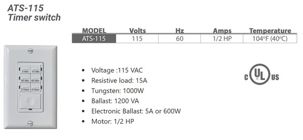 vortex ats-115 push button timer specifications